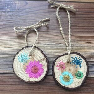 Hand-Painted Floral Wood Slice Ornaments - Pink & Blue - Unbranded